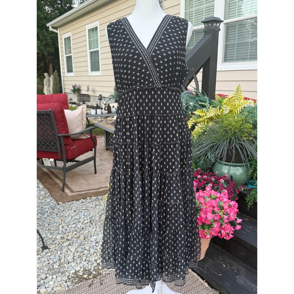 Max Studio London Black Polka Dot Mesh Tiered Midi Dress NWT Large